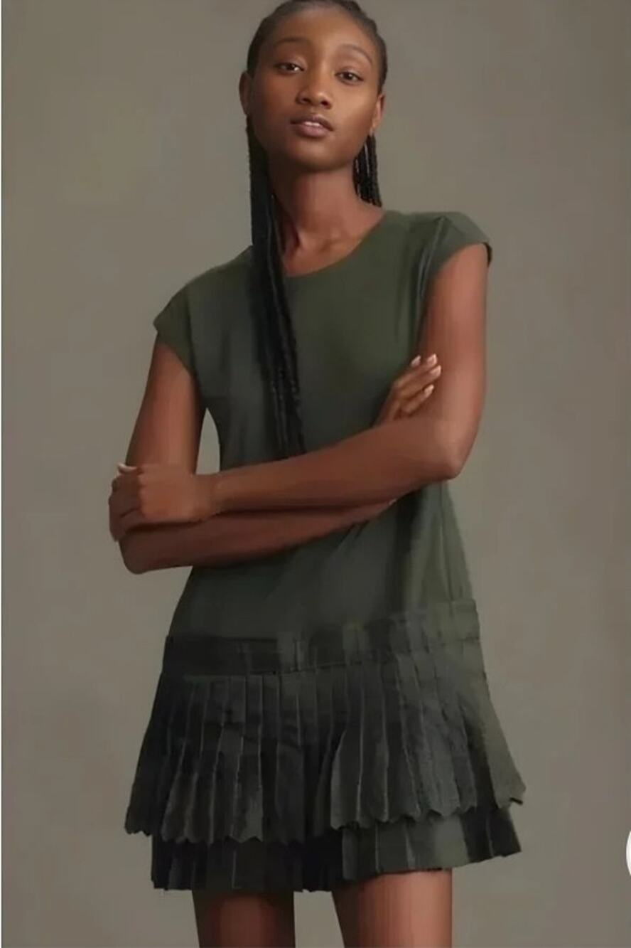 Daily Practice Anthropologie Solid Set Pleated Drop Waist Mini Dress Green Sz M